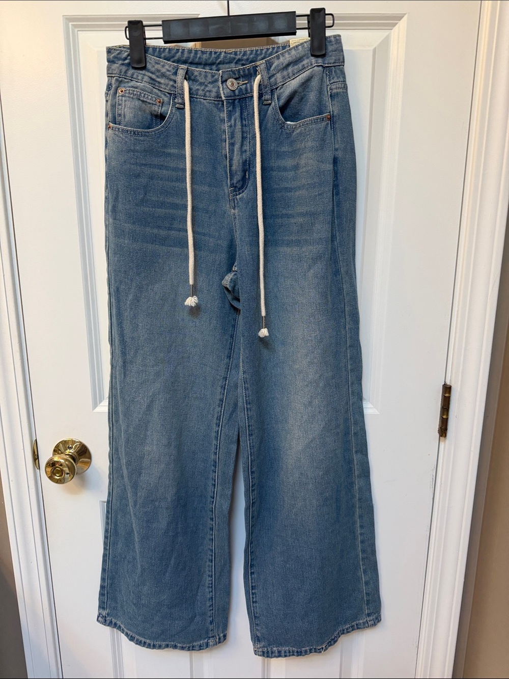 Wide Leg Light Blue Drawstring Jeans - Women Size Small